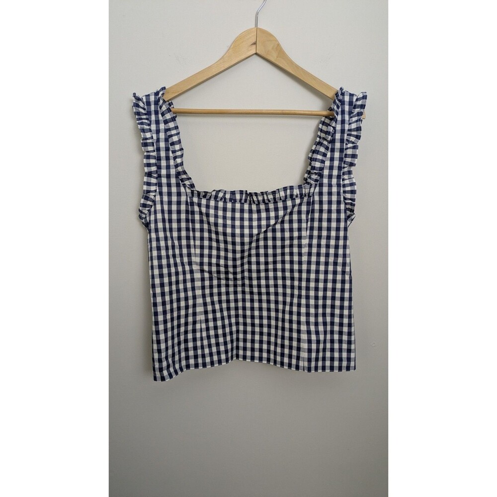 J.CREW Ruffle-Trim Smocked Cotton Poplin Fitted Top Gingham Navy/White SZ L